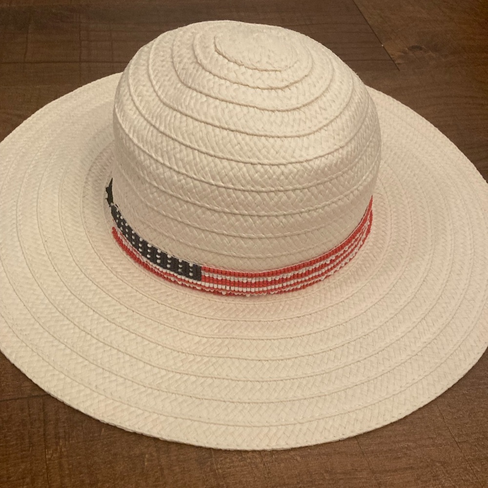 Sun Hat Wide Brim w/ American USA Flag Beaded Band Ivory Boho Adjustable OSFM